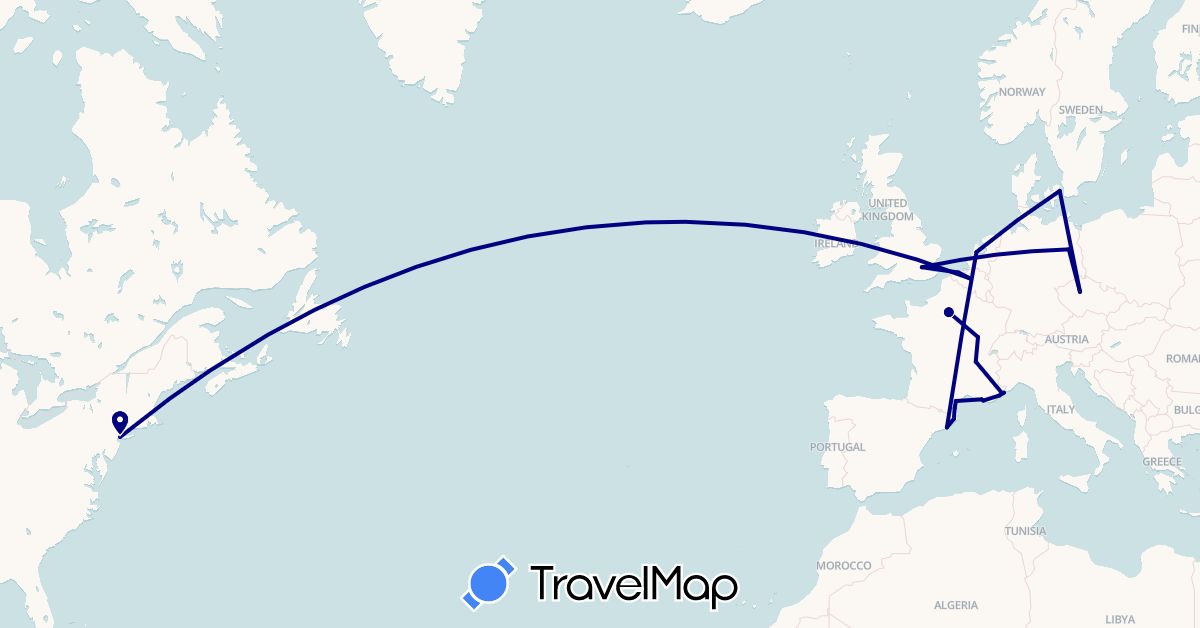 TravelMap itinerary: driving in Belgium, Czech Republic, Germany, Denmark, Spain, France, United Kingdom, Monaco, Netherlands, United States (Europe, North America)